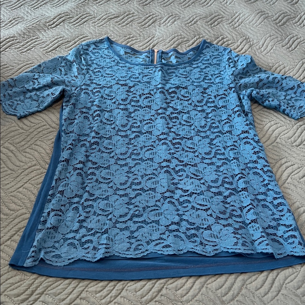 New York & Company Teal Lace Top Medium